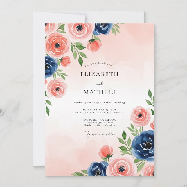 Rosa Navyblå Poetisk Watercolor Bröllop Inbjudningar (Framsida)