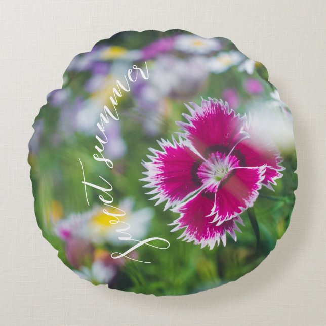 Rosa nejlikor med daisy rund kudde (Framsidan)