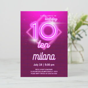 Rosa Neon 10:e Födelsedagsfest inbjudan-kortet Inbjudningar