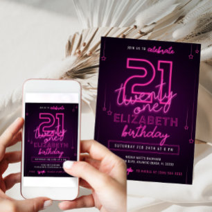 Rosa Neon 21:a födelsedagen Party Låt oss Glow Cra Inbjudningar