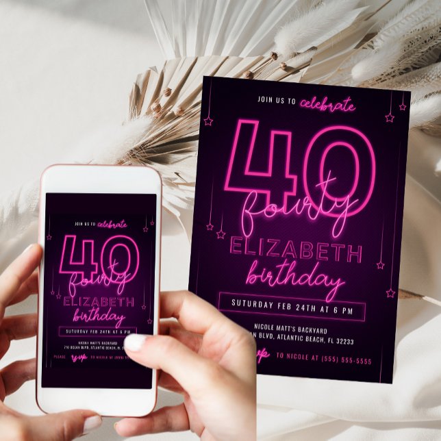 Rosa Neon 40:e födelsedagen Party Låt oss Glow Cra Inbjudningar (Skapare uppladdad)