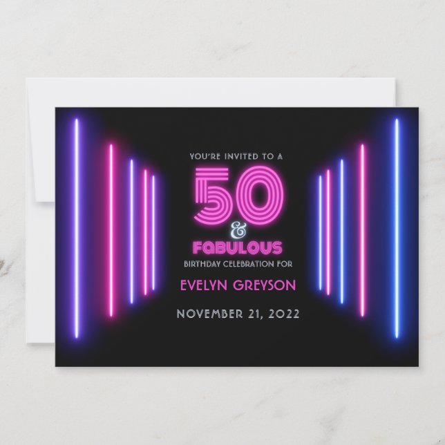 Rosa Neon 50 & Fabulous 50:e Födelsedagsfesten Inbjudningar (Framsida)