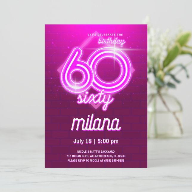 Rosa Neon 60:e Födelsedagsfest inbjudan-kortet Inbjudningar (Stående Fram)