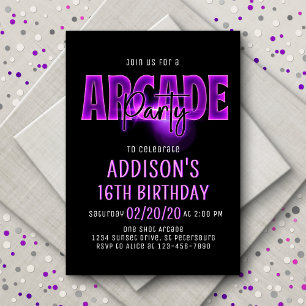 Rosa Neon Arcade Party-födelsedagsinbjudan Inbjudningar
