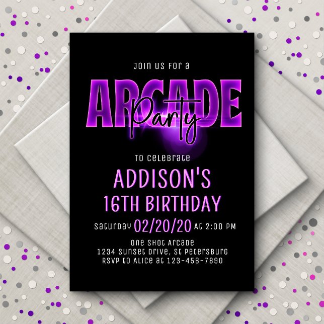 Rosa Neon Arcade Party-födelsedagsinbjudan Inbjudningar (Skapare uppladdad)