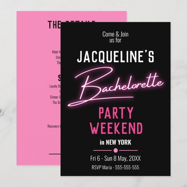 Rosa Neon Bachelorette Party Helg Itinerary Inbjudningar (Fram/baksida)