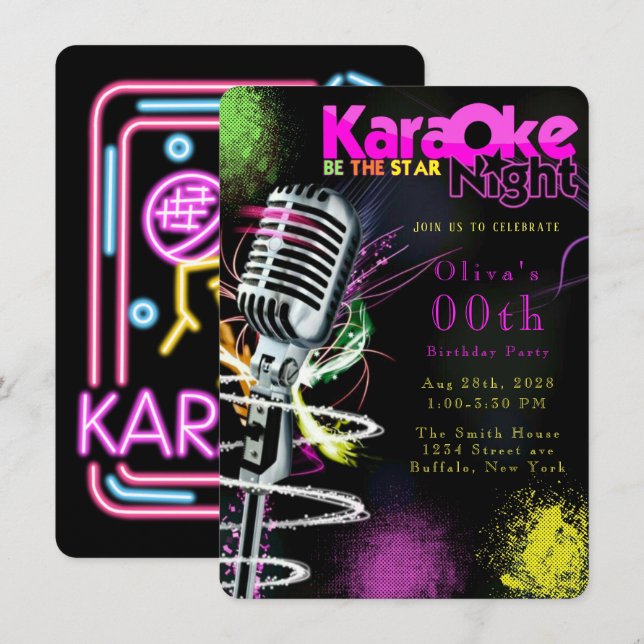 Rosa Neon Black Karaoke 00:e Födelsedagsfesten Inbjudningar (Fram/baksida)