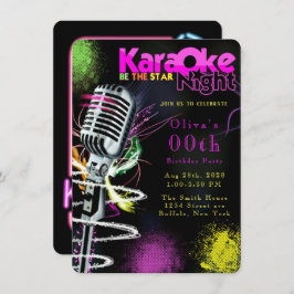Rosa Neon Black Karaoke 00:e Födelsedagsfesten Inbjudningar