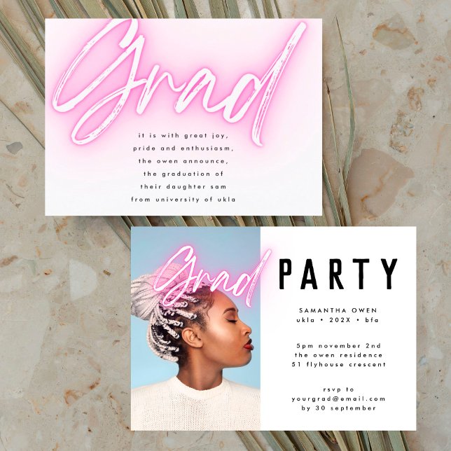 Rosa Neon Elegant Ombre Grad Photo Party Inbjudningar (Skapare uppladdad)