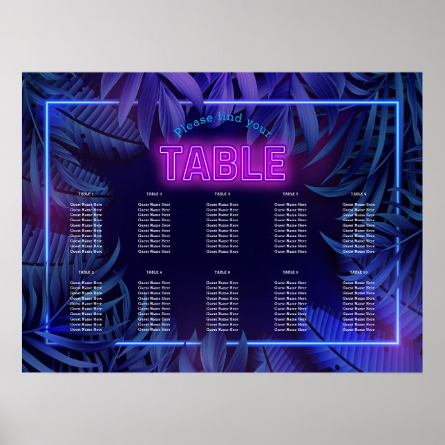 Rosa Neon Glow Birthday nedladdningsbart sittdiagr Poster (Framsidan)