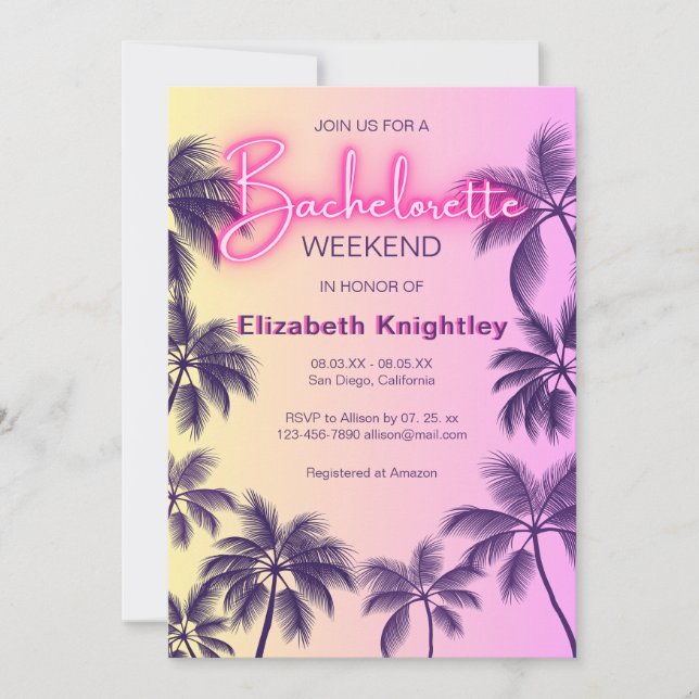 Rosa Neon Glow Sign Beach Bachelorette Itinerary Inbjudningar (Framsida)