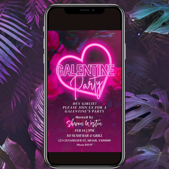 Rosa Neon Heart Galentine Party bjudan Inbjudningar (Skapare uppladdad)