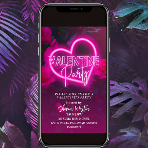 Rosa Neon Heart Valentine Party-inbjudan Inbjudningar