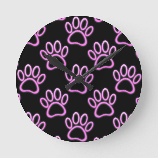 Rosa Neon Hund Paw Skriv ut Rund Klocka (Framsida)