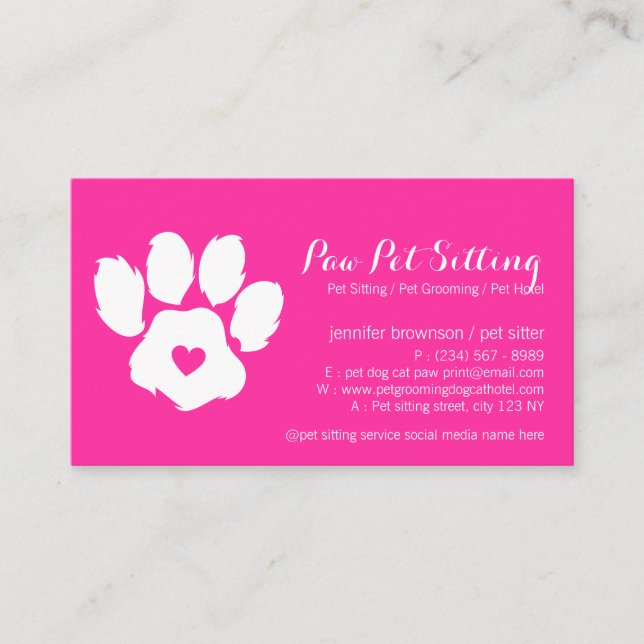 Rosa neon husdjur sittare social media hund katt t visitkort (Framsida)