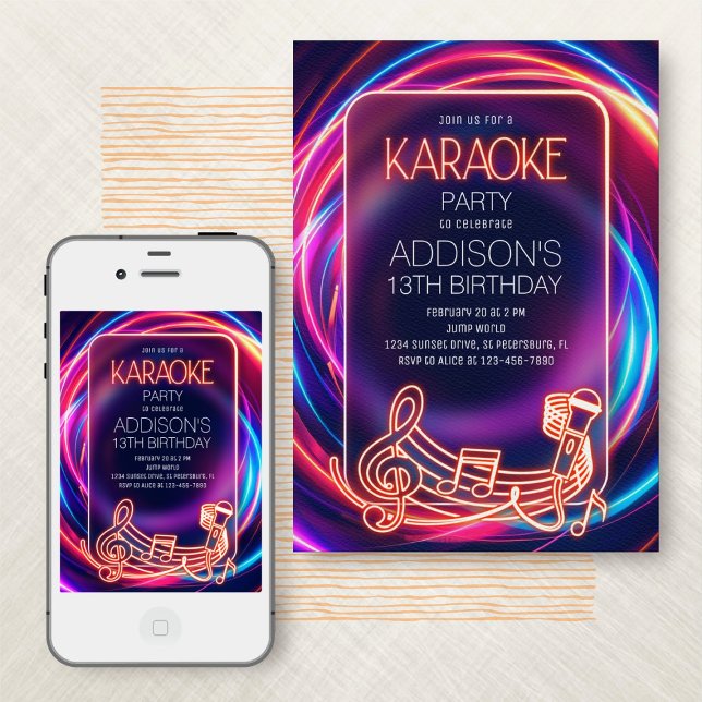 Rosa Neon Karaoke Birthday-inbjudan Inbjudningar (Skapare uppladdad)