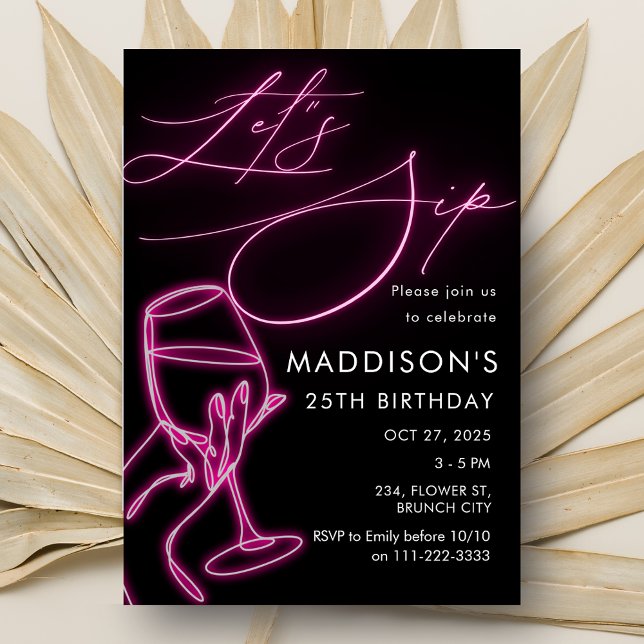 Rosa Neon Låt oss Sip Vin Birthday Girls Natt ut Inbjudningar (Pink Neon Let's Sip Wine Birthday Girls Night Out Invitation)