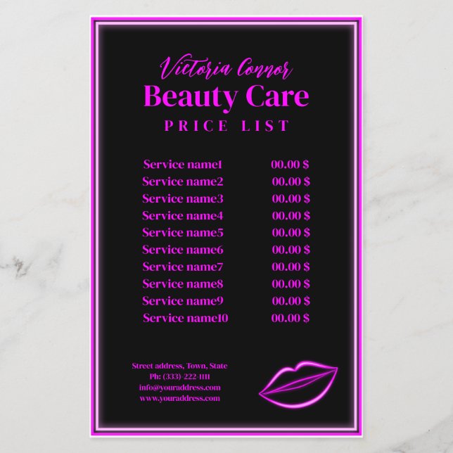 Rosa Neon Light Läppar Pris List Black Flyer (Framsidan)