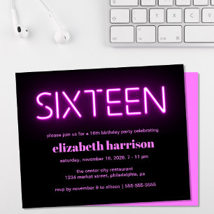 Rosa Neon Ljus 16:e Födelsedagsfest inbjudan