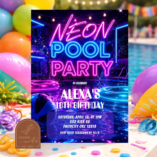 Rosa neon poolparty flicka tonåring inbjudan (Skapare uppladdad)