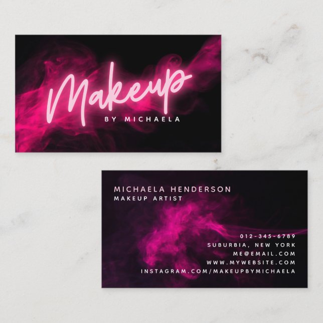 Rosa neon & rökmakeupartist visitkort (Fram/baksida)