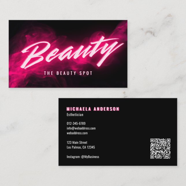 Rosa Neon & Smoke Lash Tech QR-kod & Sociala medie Visitkort (Fram/baksida)