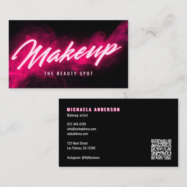 Rosa Neon & Smoke Lash Tech QR-kod & Sociala medie Visitkort (Fram/baksida)