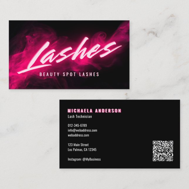 Rosa Neon & Smoke Lash Tech QR-kod & Sociala medie Visitkort (Fram/baksida)