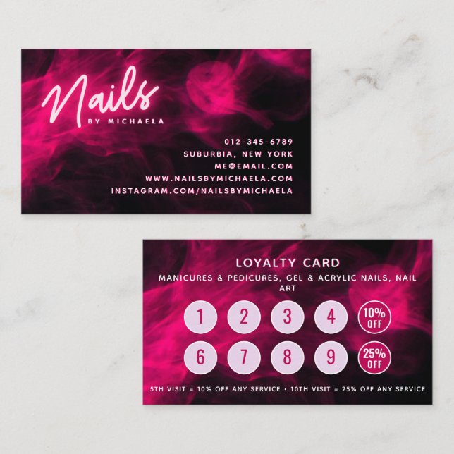 Rosa Neon & Smoke Nail Salon Loyalty Card Visitkort (Fram/baksida)