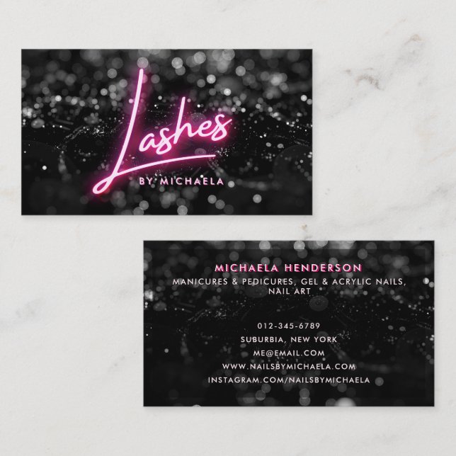 Rosa neon & svarta glitter ögonfransförlängningar  visitkort (Fram/baksida)