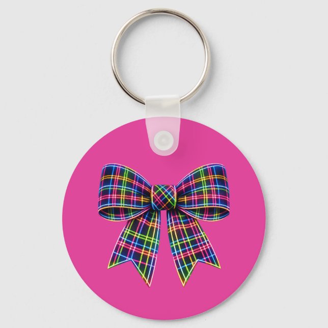 Rosa neonbåge Tartan band Skotsk söt Nyckelring (Framsida)