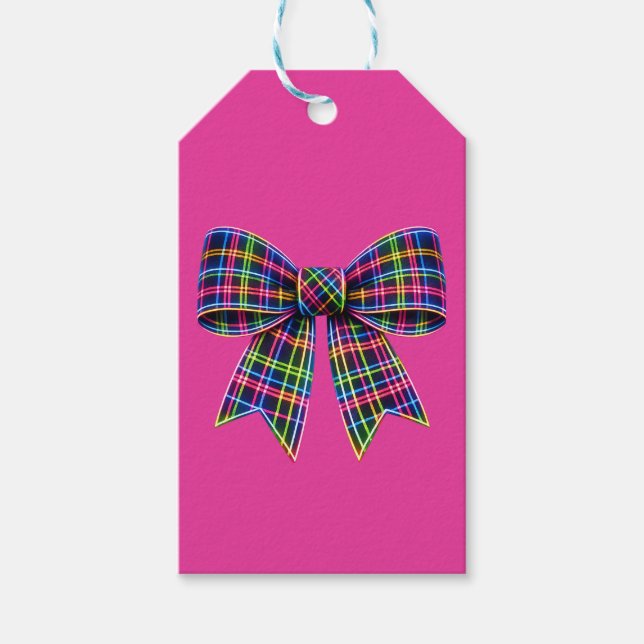 Rosa neonbåge Tartan band skotsk söt Presentetikett (Framsidan)