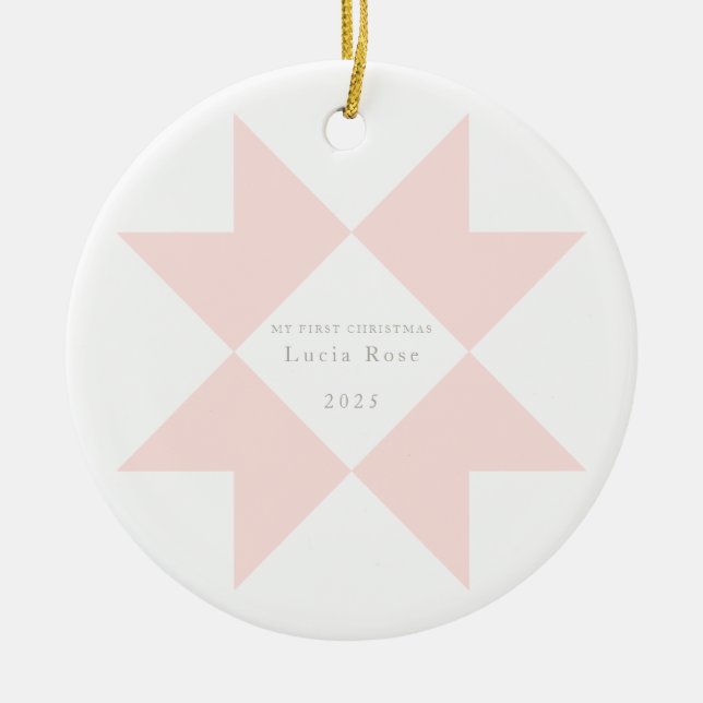 Rosa Neutralt Rand Quilt Star Min första jul Julgransprydnad Keramik (Framsidan)