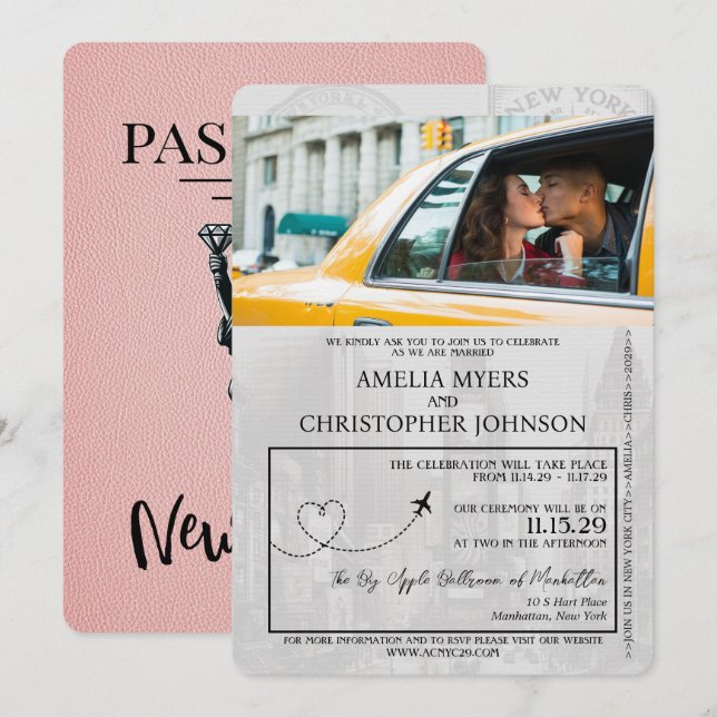 Rosa New York City Passport Bröllop Inbjudningar (Fram/baksida)