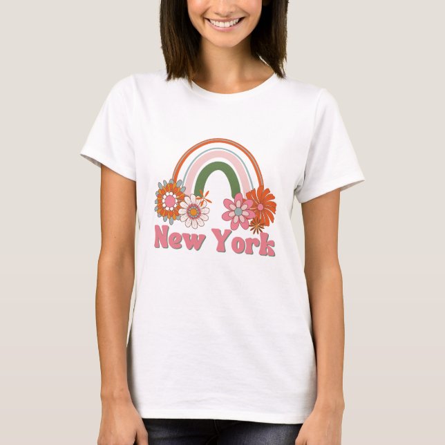 Rosa New York Power Flower Retro T-Shirt (Framsida)