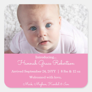 Rosa Newborn Baby Photo Birth Notice Fyrkantigt Klistermärke