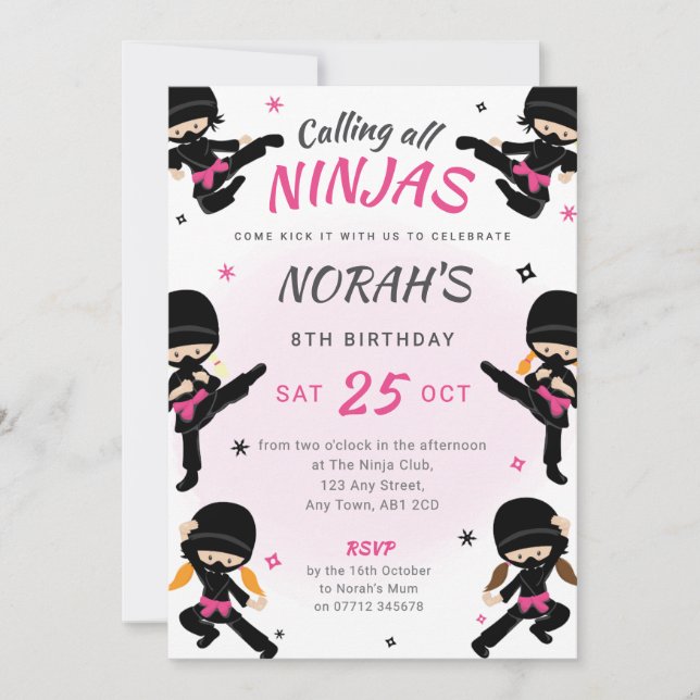 Rosa Ninja Birthday Inbjudan - Girls Karate Party (Framsida)