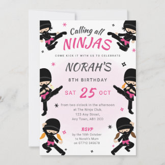 Rosa Ninja Birthday Inbjudan - Girls Karate Party