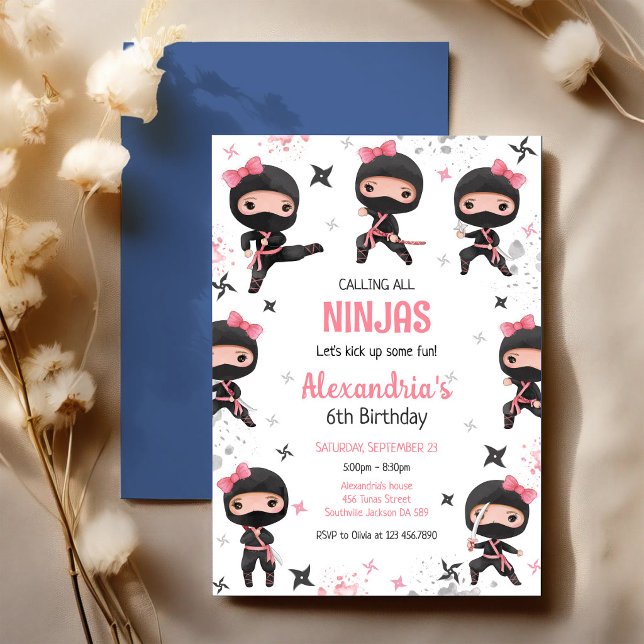 Rosa Ninja Flicka Födelsedagsinbjudan Inbjudningar (Skapare uppladdad)