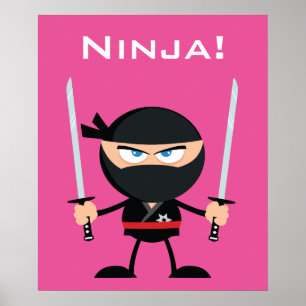 Rosa Ninja för tecknad krigare med två Katana Poster