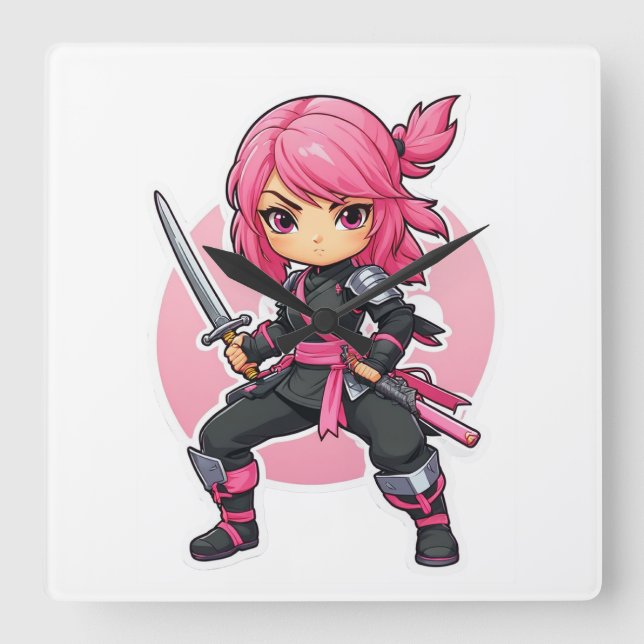 Rosa Ninja Girl Fyrkantig Klocka (Framsida)