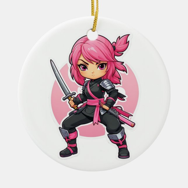 Rosa Ninja Girl Julgransprydnad Keramik (Framsidan)