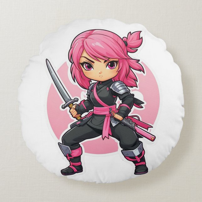 Rosa Ninja Girl Rund Kudde (Framsidan)