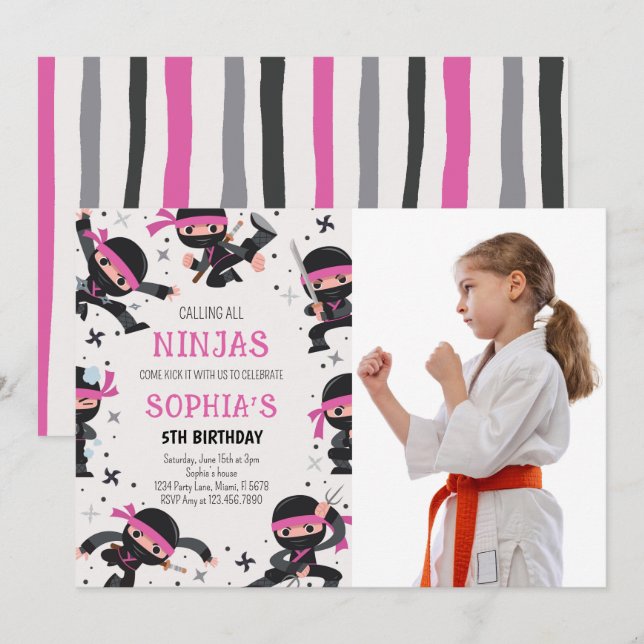 Rosa Ninja Warrior Martial Arts Birthday Photo Inbjudningar (Fram/baksida)
