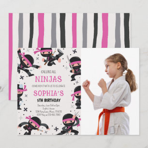 Rosa Ninja Warrior Martial Arts Birthday Photo Inbjudningar