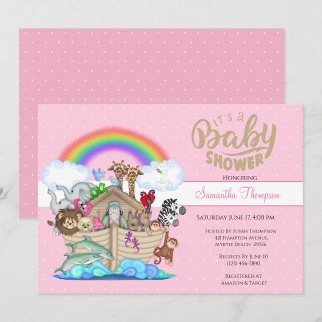 Rosa Noahs Ark Baby Shower-inbjudan Inbjudningar (Fram/baksida)