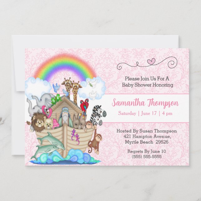Rosa Noahs Ark Baby Shower-inbjudan Inbjudningar (Framsida)