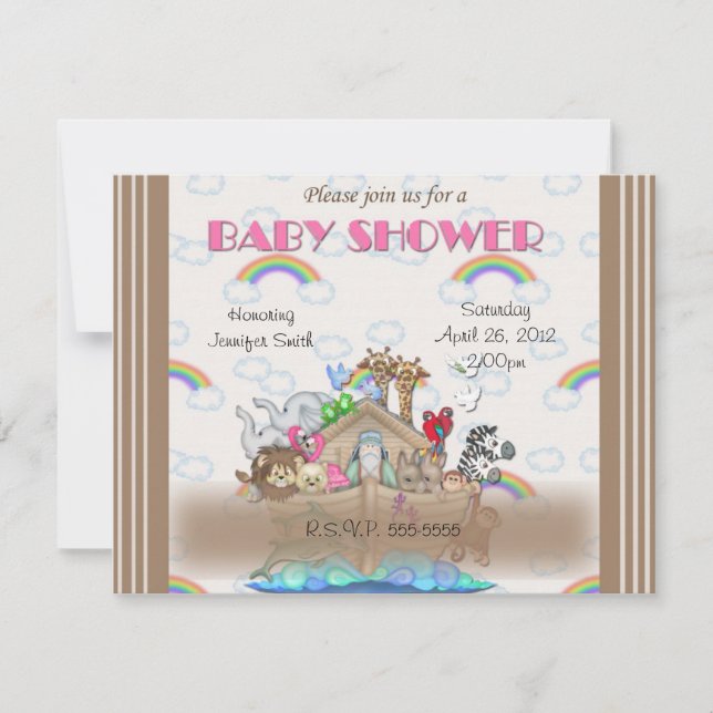 Rosa Noahs Ark Baby Shower-inbjudan Inbjudningar (Framsida)