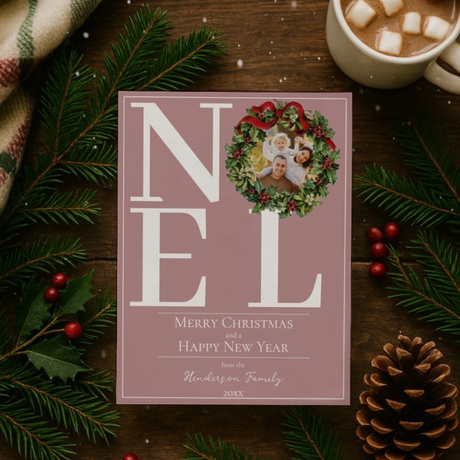 Rosa Noel-julkransfoto Julkort (Pink Noel Christmas Wreath Photo Holiday Card)