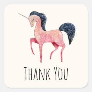 Rosa Nordic Unicorn with Black Mane Tack Fyrkantigt Klistermärke